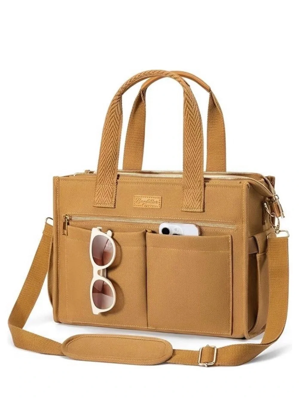 Canvas Messenger Bag in Tan with Front Organizer - Unbranded